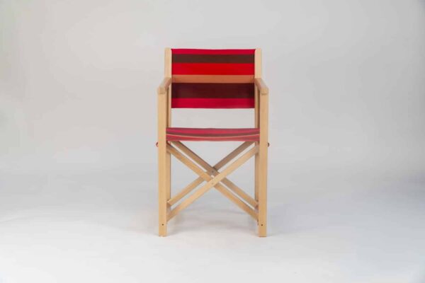 Beechwood Director's Chair with Cordoba fabric red, brown, black and grey stripes, viewed from the front - created by Decks and Stipes Ireland