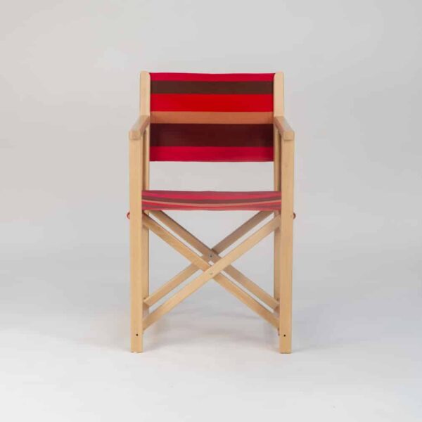 Beechwood Director's Chair with Cordoba fabric red, brown, black and grey stripes, viewed from the front - created by Decks and Stipes Ireland