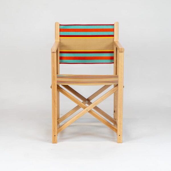 Beechwood Director's Chair with Dice Fabric, fawn, terracotta, turquoise, red and yellow stripes, viewed from the front - created by Decks and Stipes Ireland