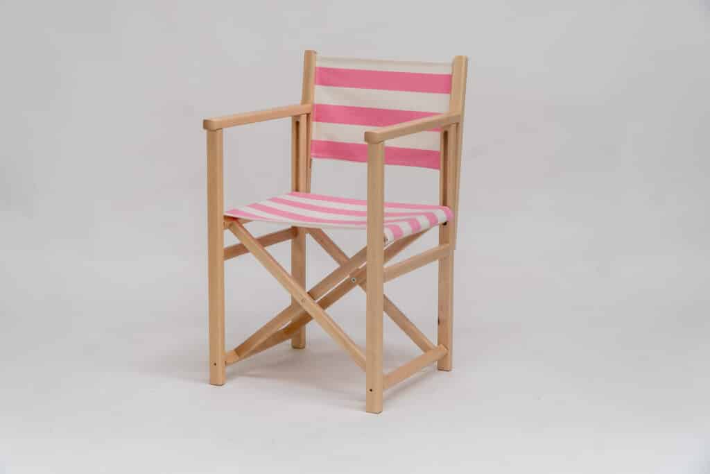 Beechwood Director's Chair with Discus Fabric, pink and ivory stripes, viewed at an angle - created by Decks and Stipes Ireland