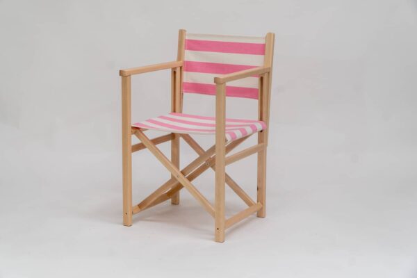 Beechwood Director's Chair with Discus Fabric, pink and ivory stripes, viewed at an angle - created by Decks and Stipes Ireland