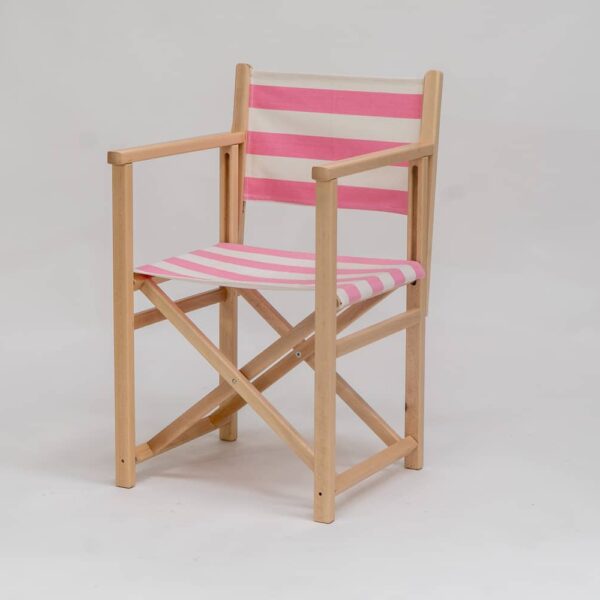 Beechwood Director's Chair with Discus Fabric, pink and ivory stripes, viewed at an angle - created by Decks and Stipes Ireland