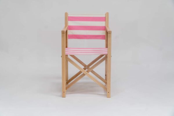 Beechwood Director's Chair with Discus Fabric, pink and ivory stripes, viewed from front - created by Decks and Stipes Ireland