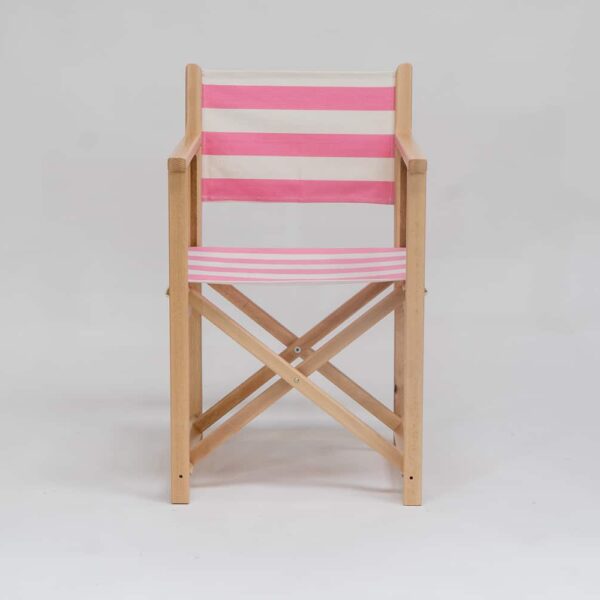 Beechwood Director's Chair with Discus Fabric, pink and ivory stripes, viewed from front - created by Decks and Stipes Ireland