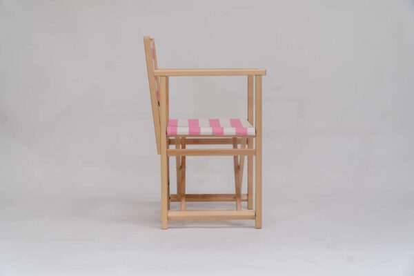 Beechwood Director's Chair with Discus Fabric, pink and ivory stripes, viewed from side - created by Decks and Stipes Ireland