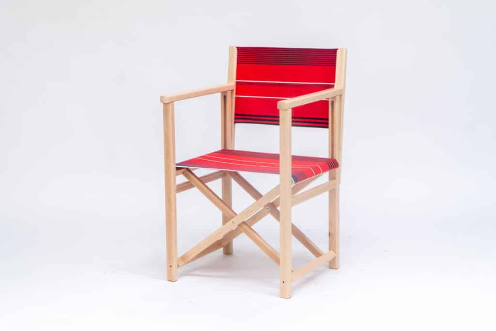 Beechwood Director's Chair with Garance fabric, red, white, grey, black stripes, viewed from an angle - created by Decks and Stipes Ireland