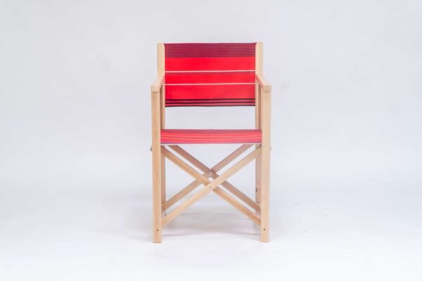 Beechwood Director's Chair with Garance fabric, red, white, grey, black stripes, viewed from the front - created by Decks and Stipes Ireland