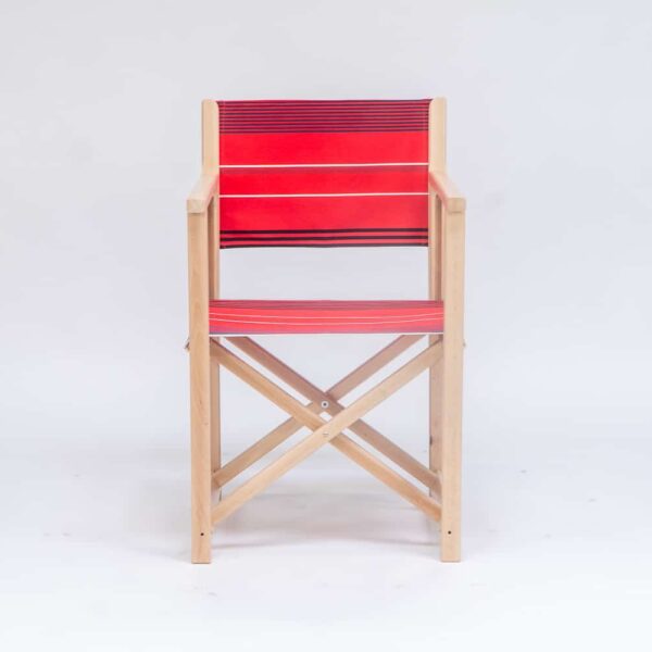 Beechwood Director's Chair with Garance fabric, red, white, grey, black stripes, viewed from the front - created by Decks and Stipes Ireland