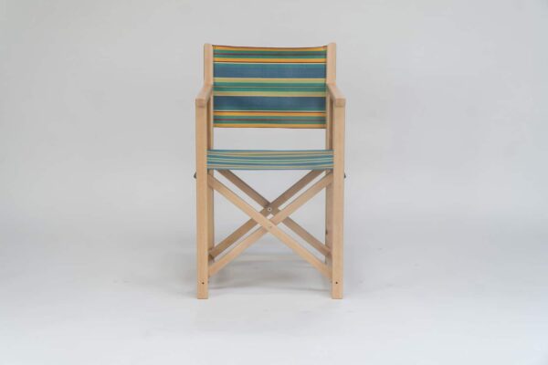 Beechwood Director's Chair with Hula Hoop Fabric, blue, green, red and orange stripes viewed from the front - created by Decks and Stipes Ireland