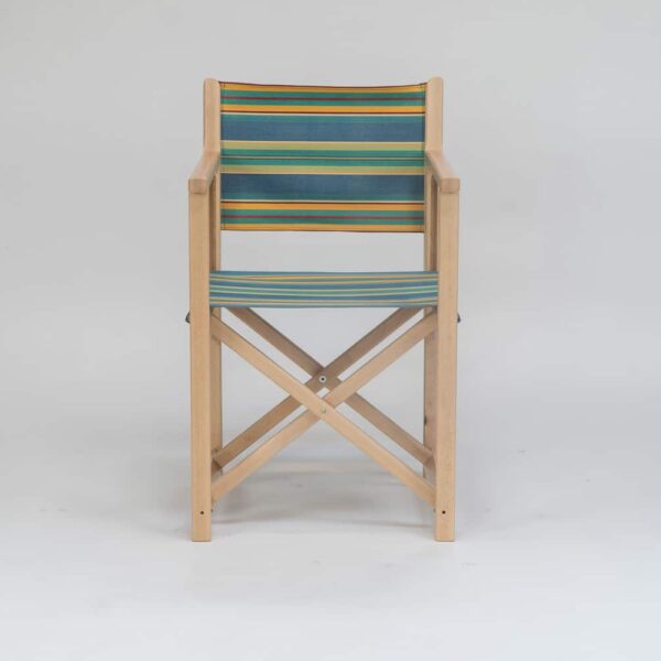 Beechwood Director's Chair with Hula Hoop Fabric, blue, green, red and orange stripes viewed from the front - created by Decks and Stipes Ireland