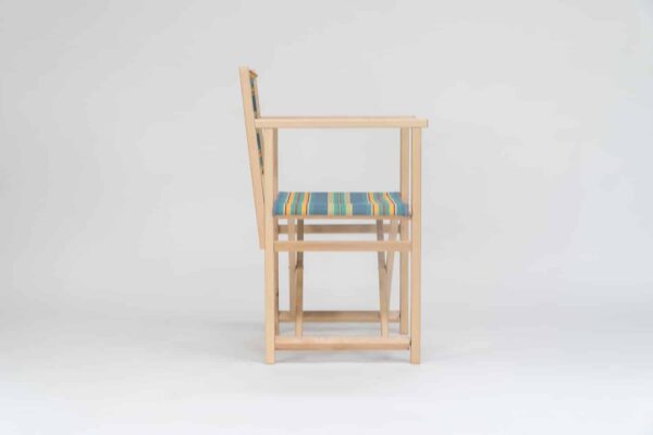 Beechwood Director's Chair with Hula Hoop Fabric, blue, green, red and orange stripes viewed from the side- created by Decks and Stipes Ireland