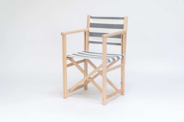 Beechwood Director's Chair with Hurling fabric, charcoal and white stripes, viewed from an angle - created by Decks and Stipes Ireland