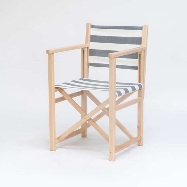 Beechwood Director's Chair with Hurling fabric, charcoal and white stripes, viewed from an angle - created by Decks and Stipes Ireland