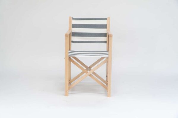 Beechwood Director's Chair with Hurling fabric, charcoal and white stripes, viewed from the front - created by Decks and Stipes Ireland