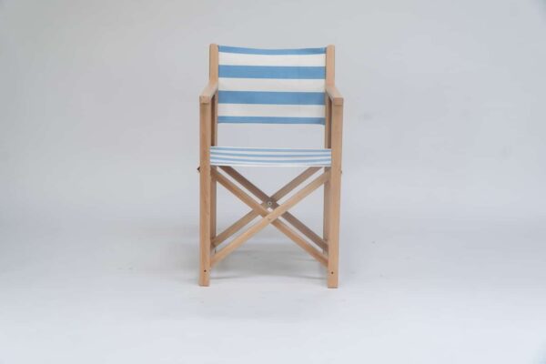 Beechwood Director's Chair with Ice Dancing fabric, sky blue and white stripes, viewed from the front - created by Decks and Stipes Ireland