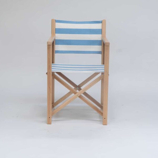 Beechwood Director's Chair with Ice Dancing fabric, sky blue and white stripes, viewed from the front - created by Decks and Stipes Ireland