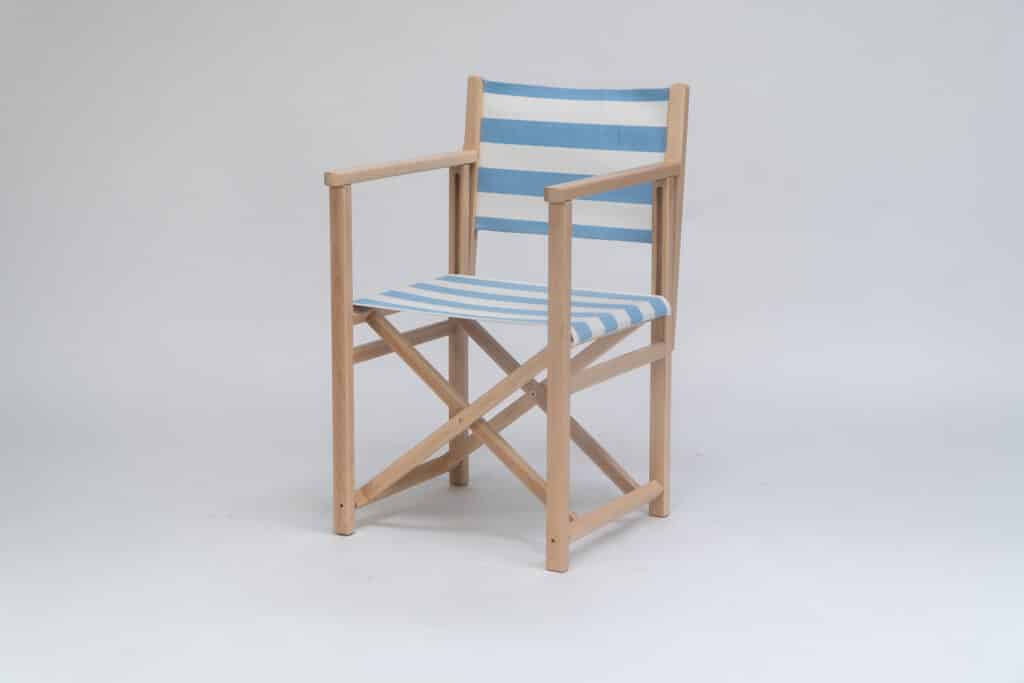 Beechwood Director's Chair with Ice Dancing fabric, sky blue and white stripes, viewed froman angle - created by Decks and Stipes Ireland