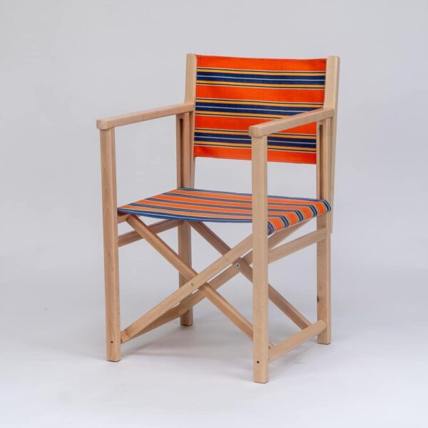 Beechwood Director's Chair with Jazz fabric, rust, blue, yellow, white and black stripes, viewed from an angle - created by Decks and Stipes Ireland