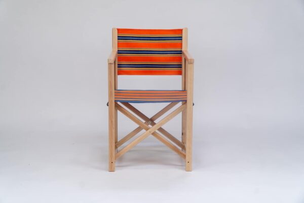 Beechwood Director's Chair with Jazz fabric, rust, blue, yellow, white and black stripes, viewed from the front - created by Decks and Stipes Ireland