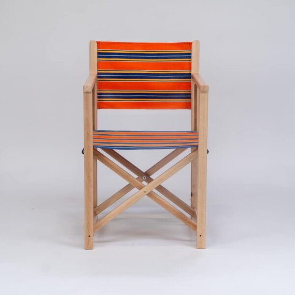 Beechwood Director's Chair with Jazz fabric, rust, blue, yellow, white and black stripes, viewed from the front - created by Decks and Stipes Ireland