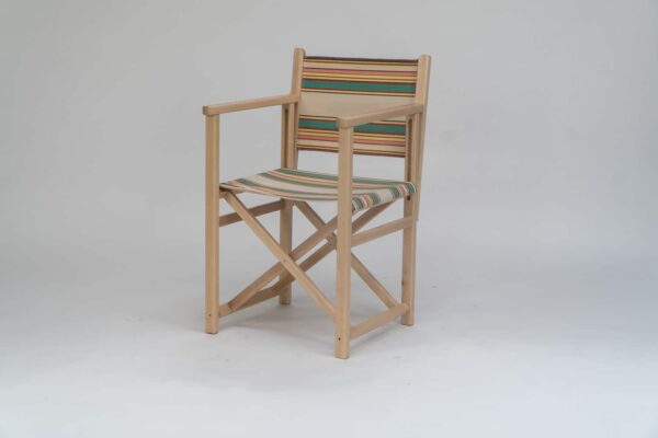 Beechwood Director's Chair with Lido fabric, beige, jade, red and yellow stripes, viewed from an angle - created by Decks and Stipes Ireland