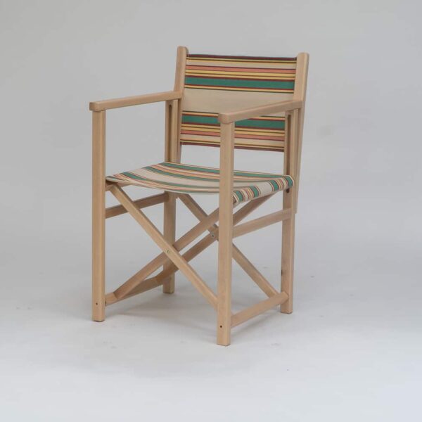 Beechwood Director's Chair with Lido fabric, beige, jade, red and yellow stripes, viewed from an angle - created by Decks and Stipes Ireland