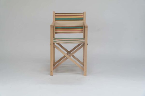 Beechwood Director's Chair with Lido fabric, beige, jade, red and yellow stripes, viewed from the front - created by Decks and Stipes Ireland