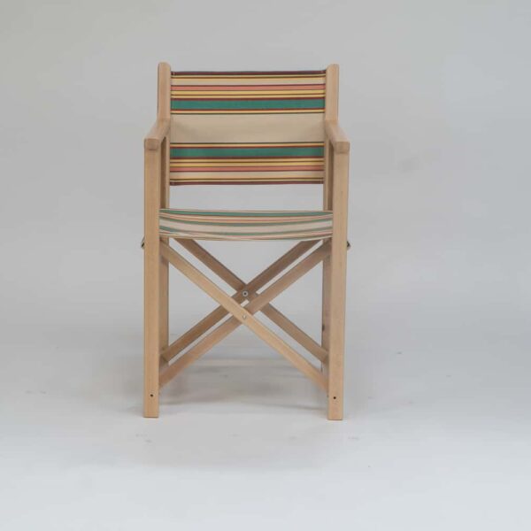 Beechwood Director's Chair with Lido fabric, beige, jade, red and yellow stripes, viewed from the front - created by Decks and Stipes Ireland