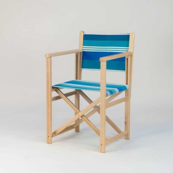 Beechwood Director's Chair with Madrague fabric, turquoise, blue, green and white stripes, viewed from an angle - created by Decks and Stipes Ireland