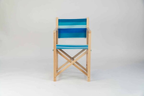 Beechwood Director's Chair with Madrague fabric, turquoise, blue, green and white stripes, viewed from the front - created by Decks and Stipes Ireland