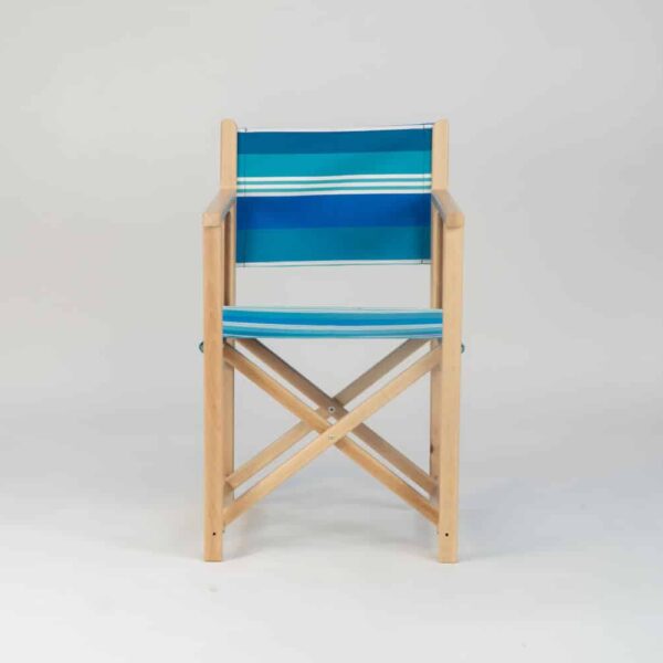 Beechwood Director's Chair with Madrague fabric, turquoise, blue, green and white stripes, viewed from the front - created by Decks and Stipes Ireland