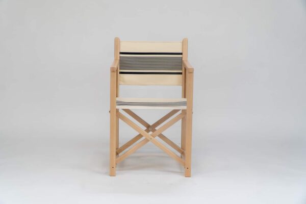 Beechwood Director's Chair with Maite Encre fabric, ink and cream stripes, viewed from the front - created by Decks and Stipes Ireland