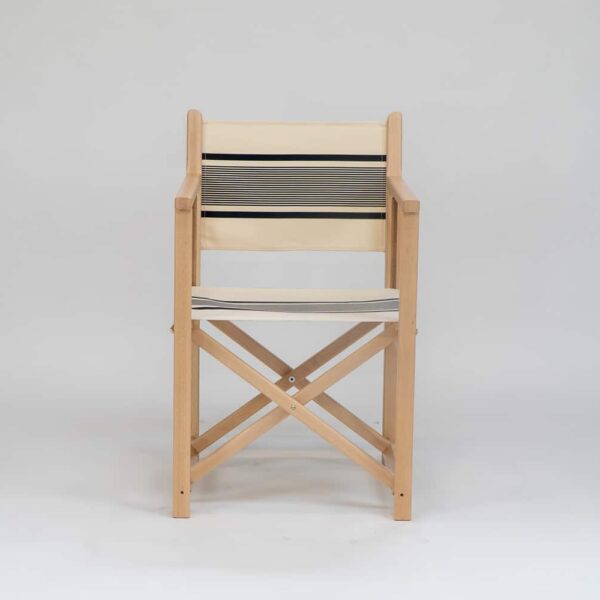 Beechwood Director's Chair with Maite Encre fabric, ink and cream stripes, viewed from the front - created by Decks and Stipes Ireland