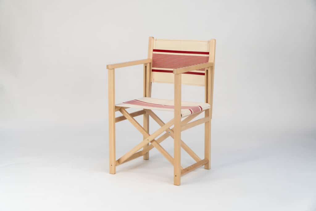 Beechwood Director's Chair with Maite Rogue fabric, red and cream stripes, viewed from an angle - created by Decks and Stripes Ireland