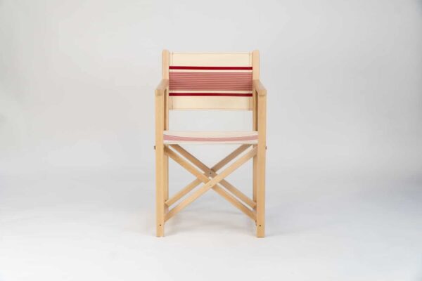 Beechwood Director's Chair with Maite Rogue fabric, red and cream stripes, viewed from the front - created by Decks and Stipes Ireland