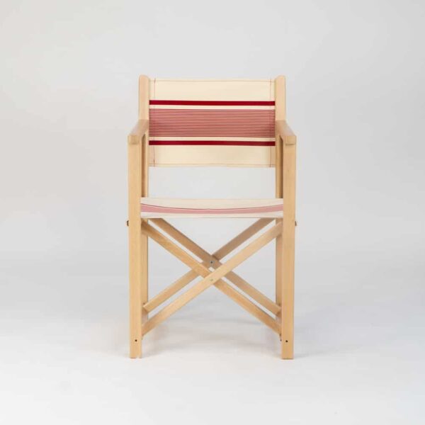 Beechwood Director's Chair with Maite Rogue fabric, red and cream stripes, viewed from the front - created by Decks and Stipes Ireland