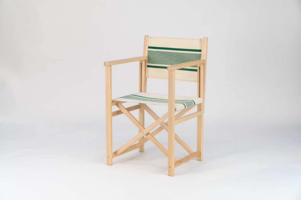 Beechwood Director's Chair with Maite Vert fabric, green and cream stripes, viewed from angle - created by Decks and Stripes Ireland