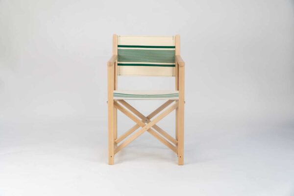 Beechwood Director's Chair with Maite Vert fabric, green and cream stripes, viewed from the front - created by Decks and Stripes Ireland