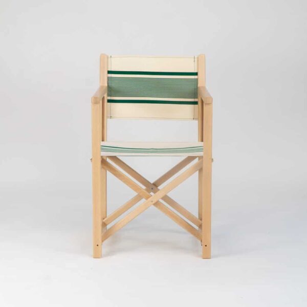 Beechwood Director's Chair with Maite Vert fabric, green and cream stripes, viewed from the front - created by Decks and Stripes Ireland