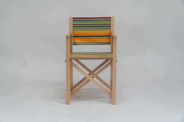 Beechwood Director's Chair with Medley fabric, red, orange, green, black, yellow and blue stripes, viewed from the front - created by Decks and Stipes Ireland