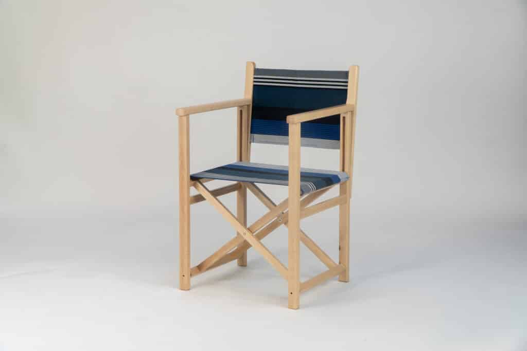 Beechwood Director's Chair with Miramar fabric, navy, blue black and white stripes, viewed from an angle - created by Decks and Stipes Ireland