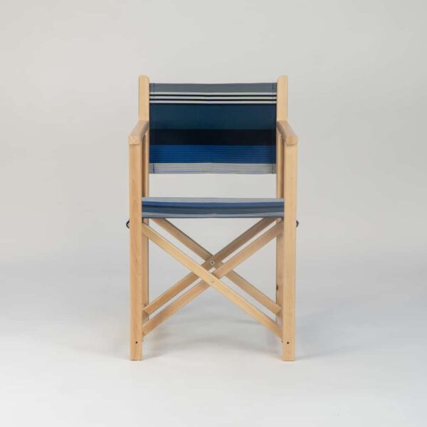 Beechwood Director's Chair with Miramar fabric, navy, blue black and white stripes, viewed from the front - created by Decks and Stipes Ireland