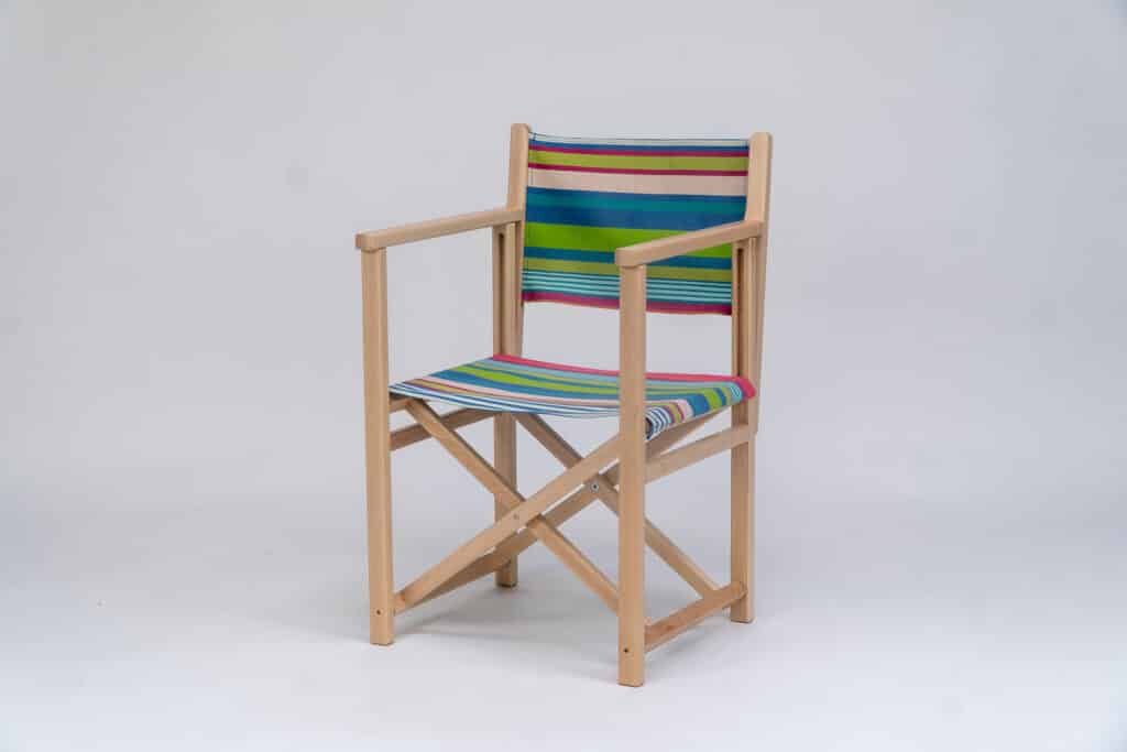 Beechwood Director's Chair with Orienteering fabric, green, blue, pink, plum, white and terracotta stripes, viewed from an angle - created by Decks and Stipes Ireland