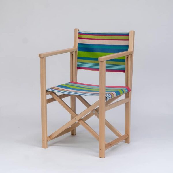 Beechwood Director's Chair with Orienteering fabric, green, blue, pink, plum, white and terracotta stripes, viewed from an angle - created by Decks and Stipes Ireland