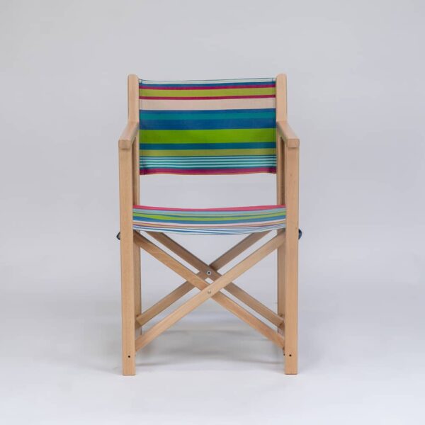 Beechwood Director's Chair with Orienteering fabric, green, blue, pink, plum, white and terracotta stripes, viewed from the front - created by Decks and Stipes Ireland