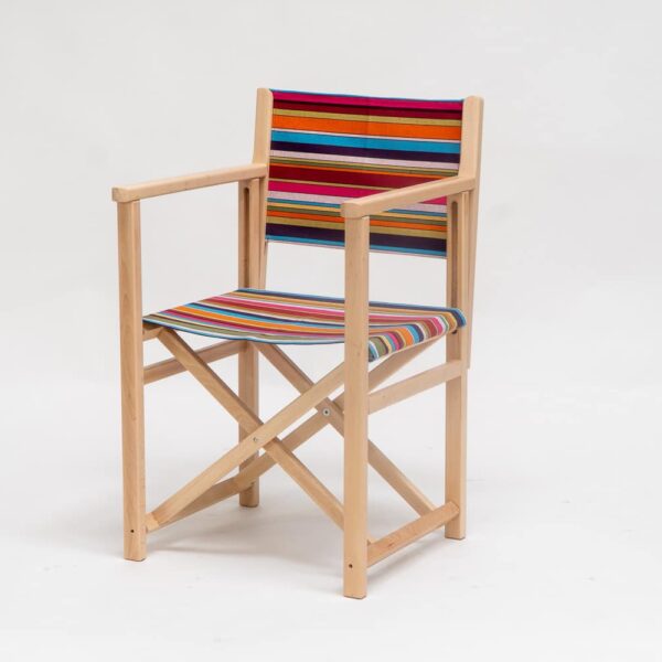 Beechwood Director's Chair with Paintballing fabric, blue, green, orange, yellow pink and red stripes, viewed from an angle - created by Decks and Stipes Ireland