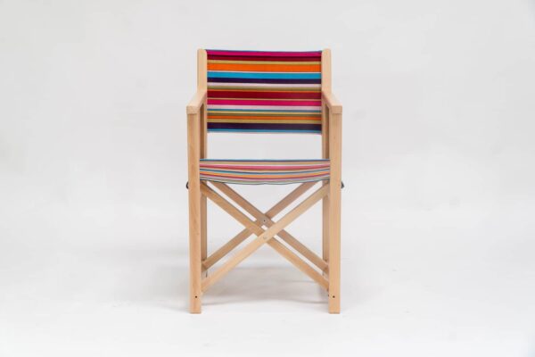 Beechwood Director's Chair with Paintballing fabric, blue, green, orange, yellow pink and red stripes, viewed from the front - created by Decks and Stipes Ireland