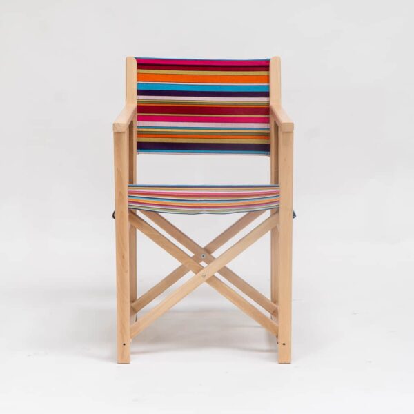 Beechwood Director's Chair with Paintballing fabric, blue, green, orange, yellow pink and red stripes, viewed from the front - created by Decks and Stipes Ireland