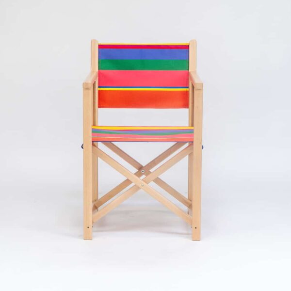 Beechwood Director's Chair with Porto Rico fabric, pink, green, blue, navy & yellow stripes, viewed from the front - created by Decks and Stipes Ireland