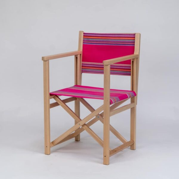 Beechwood Director's Chair with Scuba fabric, pink, purple, lavender, blue, grey and orange stripes, viewed from an angle - created by Decks and Stipes Ireland